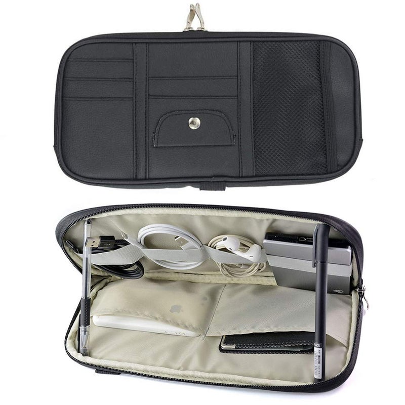 Lynkaye Car Sun Visor Organizer Bag,PU leather Universal Auto Interior Accessories Pocket Organizer,Multi-Function Registration and Document Holder Pouch,Sunglasses Ticket Documents Pen Card Holder (Black) - Image 3